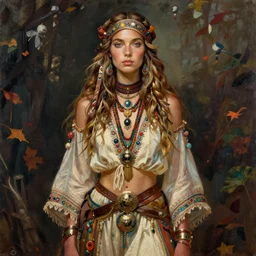 full figure portrait of hippie model girl jodhpurs hyperborea autumn traveler treasure hunter greg manchess painting by sargent and leyendecker, fantasy, medium shot, asymmetrical, intricate, elegant, matte painting, illustration, hearthstone, by rhads, by greg rutkowski, by greg tocchini, by james gilleard, by joe fenton