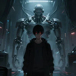 2 0 1 9 anime dystopian cyberpunk movie still : : virtual mechanical hall interior art : : young guy villain red eyes : : somber far future cables lab shadowed background : : faceless staring murderously, renderfog