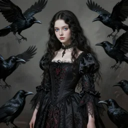 full body portrait of a girl with blue eyes, gentle face, long dark hair, intricate detailed goth dress, among ravens, highly detailed, deep focus, elegant, digital painting, smooth, sharp focus, golden ratio, illustration, ultra realistic, 8 k, art by artemisia lomi gentileschi and caravaggio