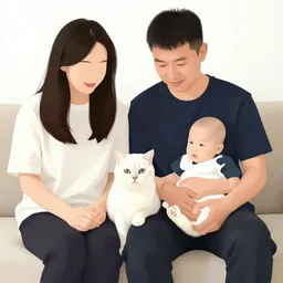 a man and a woman sitting down with their white cat, the boy is bald with a brown baseball hat, the girl has short curly black hair, art by Alena Aenami