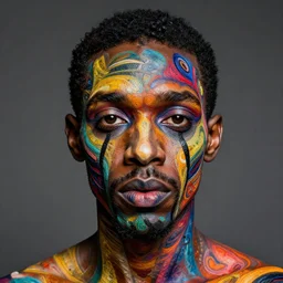 portrait of an insane and psychotic black man with skin in the pattern style of edouard benedictus and e. a. seguy, beautiful, bizarre, hyper detailed, vivid and vibrant, 8 k, award winning, trending on artstation,