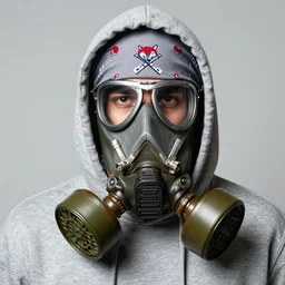 detailed conceptual close up photography portrait random young guy using grey hoodie and grey bandana with red and white wolf and crossed riffle combination in his right hoodie chest and gas mask