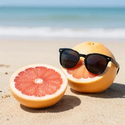 Grapefruit is relaxing on the beach with sunglasses