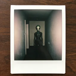 cursed polaroid photo of ominous alien standing in long apartment hallway