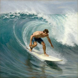 mech surfing on a big wave, by camille corot, painting