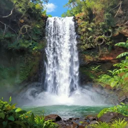 Hawaii waterfall, Matt painting, scenic, sunny day, happy