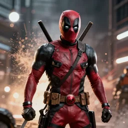 deadpool in gears of war, splash art, warzone, dystopian, movie still, cinematic lighting, dramatic, octane render, long lens shallow depth of field, bokeh, anamorphic lens flare, 8 k, hyper detailed, 3 5 mm film grain