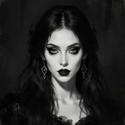digital art painting portrait of elegant gothic lady with earrings, black and white, black colours, hard edges, high quality, textured, caestrad, dark background, mystic, perfect lighting, high contrast, arstation, artgerm, wlop, 4 k