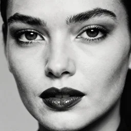 black and white 1 9 9 3 vogue magazine extreme closeup photo portrait of a female fashion model, dark lipstick, by herb ritts