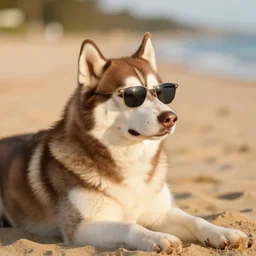 a brown husky wearing sunglasses, relaxing at the beach, eyes closed, Golden hour, bokeh, 4k photo,
