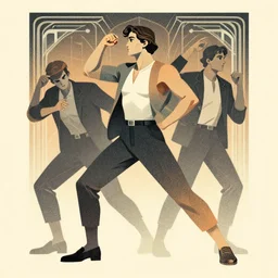 ( ( strong dither ) ), editorial illustration full body portrait of reol, dynamic pose, retro color, modern art deco, mads berg, christopher balaskas, dynamic composition, detailed, matte print, halftone, muted color, wide angle, lomography, risograph gradient, volumetric
