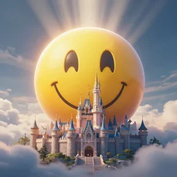 a giant smiley face emoji engulfs a whole kingdom and reaches above the clouds. rays of light breaking behind the emoji. intricate. lifelike. soft light. sony a 7 r iv 5 5 mm. cinematic post - processing