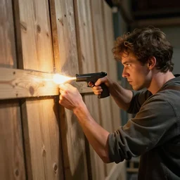 Man firing at wooden planks.