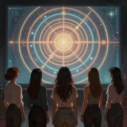 a group of women staring at a large hypnotic screen, digital painting, highly detailed