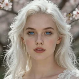 detailed cinematic wide shot of beautiful attractive woman clean skin blue eyes white hair, ultra realistic, spring light, painting by gaston bussiere, craig mullins, j. c. leyendecker