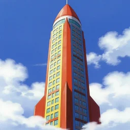red - yellow - blue building, skyscraper shaped like rocket ship, aquamarine windows, megatall building, tallest building ever, peak of building above clouds, anime, 2 0 0 1 anime, colorful building, cel - shading, cel - shaded