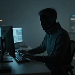 sombra working at her computer, illuminated by lights, 4 k detail cyberpunk, matte painting, realistic materials, photo realistic, postprocessing, cinematic, hyperrealistic, studio lighting, photography by richard jenkins