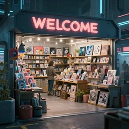 masterpiece, beautiful highly detailed postmodern cyberpunk art bazaar, miscellaneous art shoppe stall, interior of cyberpunk bazaar, cinematic moody colors, welcome, to the shop, realistic shaded lighting poster by ilya kuvshinov, magali villeneuve, artgerm, jeremy lipkin and michael garmash, liminal space market