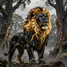 epic photography of black lion with gold lightnings in the fur surrounded by ancient trees, colossal scale, photorealistic, high details, intricate by Nick Nichols and Evgeniy Antonenkov