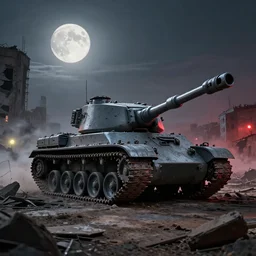 a very big grey giant mechanical tank, in the middle of war - torn battlefield of a crumbling city, dim sky, very big moon, some smoke, a little bit yellow lights, red glow, smooth, sharp focus, superior quality, 8 k, cinematic lighting, octane render, wide angle, by bilibin, kuvshinov, malevich and mucha