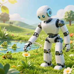 close-up of a robot bending down to grab a single flower in the grass, utopian grassy landscape background, pond with frogs and lilypads, sun shining through the leaves, 3d render, Unreal Engine, octane render, ray tracing, Unity, highly detailed, high quality, HD, 4k, 8k, realistic, sharp, trending