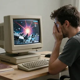 a high resolution photo of a sad man watching the end of the universe live stream playing on a vintage computer screen, earthquake, debris