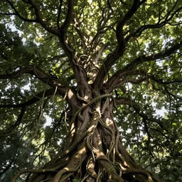 An illustration of a massive, tall, rich tree, low angle, looking up, complex tangled vines, digital art, illustrated by Dan Mumford