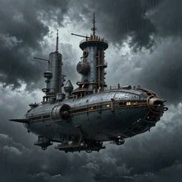a floating city on a massive steampunk airship, octane render, raytraced, ominous sky, dark rain clouds, storm approaching