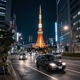 a night shot with bulb exposure of Tokyo, cars passing by