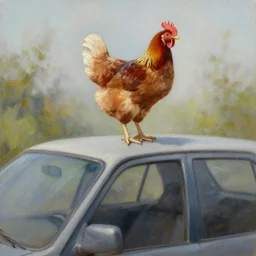 chicken on top of a car, oil painting