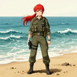 Extremely Detailed and Full Portrait scene of Gooey Ocean scene in ink and refined sand, Red head pigtail anime woman with Military gear. Wearing a Army vest full body smiling while eating a sloppy cheese burger. The cheeseburger is leaking red sauce all over the beach by Akihito Yoshitomi AND Yoji Shinkawa AND Greg Rutkowski, Mark Arian trending on artstation