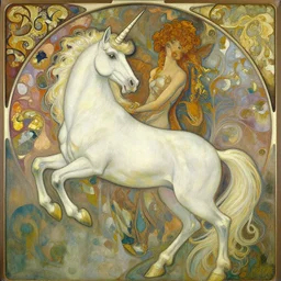 a beautiful painting of the last unicorn, ray traced lighting by alphonse mucha and greg rutkowski