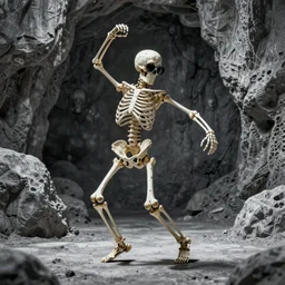 a skeleton in sunglasses dancing without a care, artistic photography, f stop, iso, gray dungeon background, very realistic