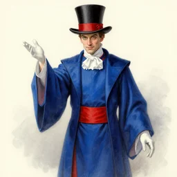 an Airbrush drawing of a magician wearing blue robe with red belt by Philip Castle.-H 576