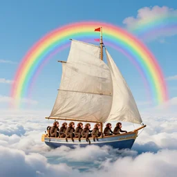 by carrie graber mournful tetris. a beautiful body art of a sailboat sailing on a sea of clouds, with a rainbow in the background. the sailboat is crewed by a group of monkeys, & the sails are billowing in the wind.