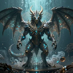 a centered render of an ancient futuristic elden ring dragon with digital modifications surrounded by a underwater ink pour and flowing liquid gallium and complex sacred geometry, perfect body and face, powerful, cinematic, beautifully lit, by john howe, by beeple, by artgerm, by brian froud, 3 d, trending on artstation, octane render, 8 k