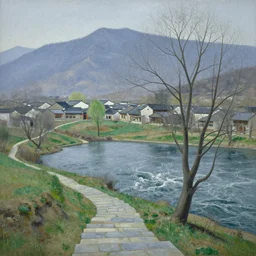 a gorgeous bleak spring landscape painting by barlowe wayne maxfield parrish and marco mazzoni. tree no leaf!! china mountain village!! grey blue and very little light verdancy. the winding stone steps. ultra clear detailed. 3 d, octane render. turbulent blood lake.