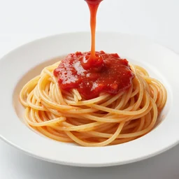 a beautiful plate of spaghetti with tomato marinara sauce poured on top, 8k hd, photorealistic, highly detailed