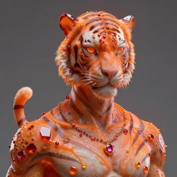 hyper detailed ultra sharp portrait of baroque and bladerunner delicate neon ruby sculpture of ( seductive albino brazilian prince bem dotado ) tigers orange radioactive humanoid deity wearing metallic hoody made out of leaves holding the sun prismatic dungeon, glowing rainbow face, crown of white diamonds, cinematic lighting, photorealistic, octane render 8 k depth of field 3 d