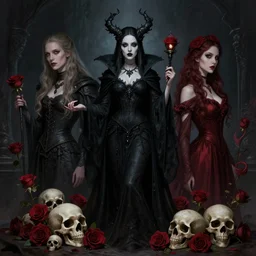 portrait of dark sorceress, skulls, roses : : by daniel f. gerhartz, kelly mckernan, artgerm, melanie delon : : character design, gothic, dark fantasy, hyperreal, concept art, imaginefx, weta, wlop, artstation