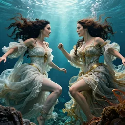 hyperrealistic photograph megan fox and monica belucci as mythic goddesses in epic battle, movie poster underwater, a stunning beautiful georgia-era dresses, long hair, abundant detail, photography art by Marsha Raymers, art by artgerm and greg rutkowski and alphonse mucha, rembrandt, ArtStation, concept art, octane render, trending on artstation, artstationHD, artstationHQ, unreal engine, 4k, 8k,