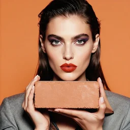 extremely detailed studio closeup portrait of a fashion model holding a brick block. surreal photograph, lo - fi, polished look, solid background, silly and serious, hermes ad, fashion photography, toiletpaper magazine by pierpaolo ferrari and maurizio cattelan, 3 5 mm photograph, colourful, david lachapelle, canon eos c 3 0 0, 8 k, medium - format print