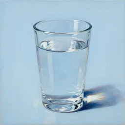 a glass of water on a light blue background, caustics, oil painting, realistic