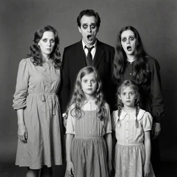 old black and white photo of scary family posing,