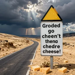a sign that says, please don't go this way, the road is covered in massive amounts of cheddar cheese!