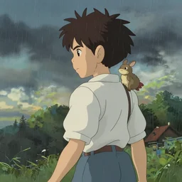 Boy wandering with small creature on shoulder, made by Studio Ghibli, cinematic lighting, raining storm, highly detailed art, beautiful scene, artstation trending, sharp focus, smooth, artgerm