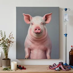“ a portrait in a female art student ’ s apartment, negative space, sensual, a pig theme, anaesthetic, art supplies, surgical iv drip, octopus, ikebana, herbs, white candles, squashed berries, berry juice drips, acrylic and spray paint and oilstick on canvas, surrealism, neoexpressionism ”