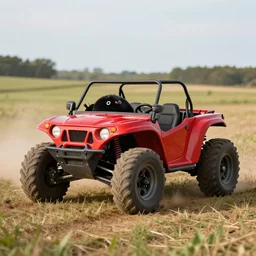 award winning photo of a mole driving a red off road car through a field