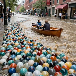 a tsunami of marbles of all different colors flood the streets of boston. in the middle of the flood, there is a wooden boat with two people on it