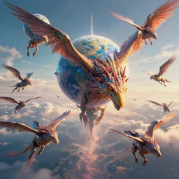 spawning of autonomous worlds with chimeras flying int he sky, highly detailed, excellent composition, cinematic concept art, dramatic lighting, trending on artstation, 4 k, aya takano color style, digital art, vivid colours,